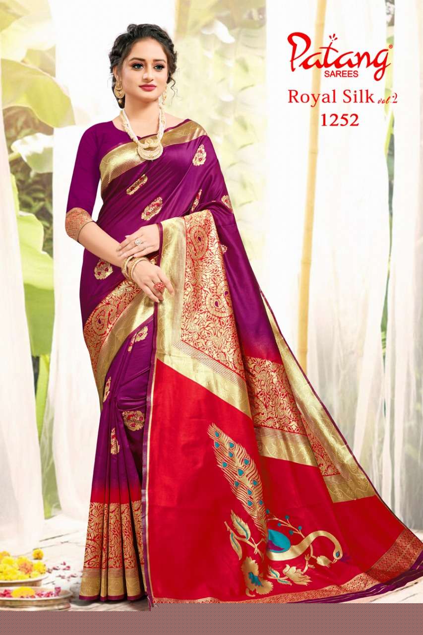 ROYAL SILK VOL-2 BY PATANG SAREES 1251 TO 1258 SERIES INDIAN TRADITIONAL WEAR COLLECTION BEAUTIFUL STYLISH FANCY COLORFUL PARTY WEAR & OCCASIONAL WEAR SILK SAREES AT WHOLESALE PRICE