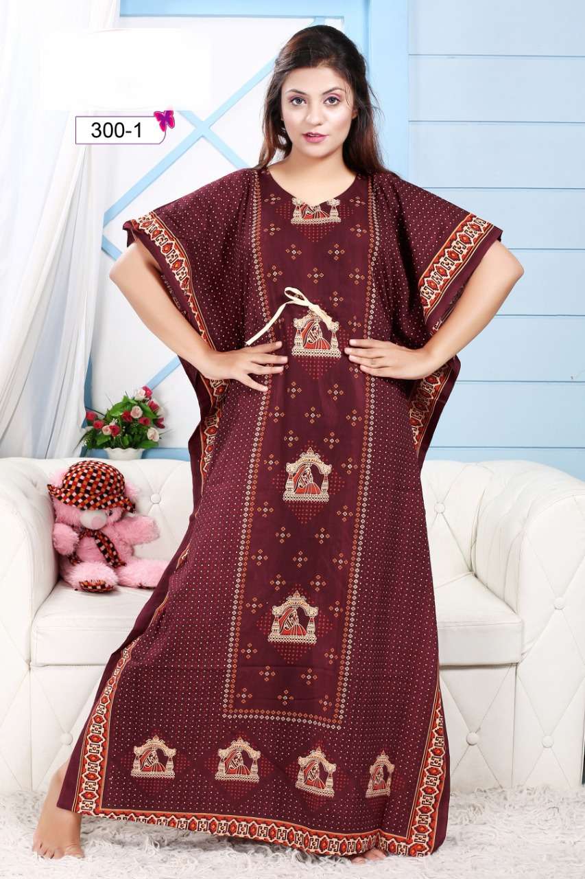 KAFTAN NIGHTY VOL-1 BY KAAMIRI 300-1 TO 300-4 SERIES DESIGNER WEAR COLLECTION BEAUTIFUL STYLISH FANCY COLORFUL PARTY WEAR & OCCASIONAL WEAR COTTON GOWNS AT WHOLESALE PRICE