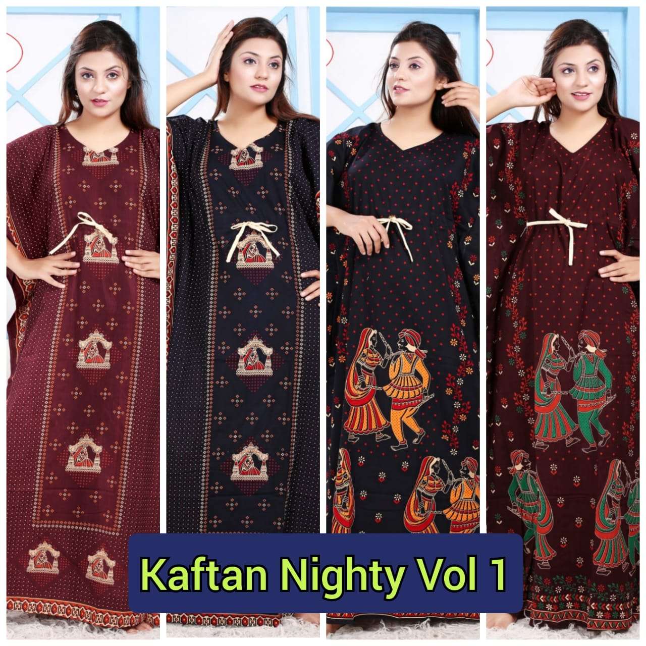 KAFTAN NIGHTY VOL-1 BY KAAMIRI 300-1 TO 300-4 SERIES DESIGNER WEAR COLLECTION BEAUTIFUL STYLISH FANCY COLORFUL PARTY WEAR & OCCASIONAL WEAR COTTON GOWNS AT WHOLESALE PRICE