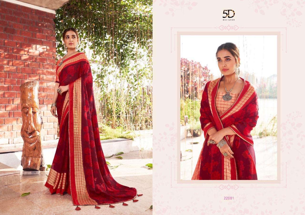 TEHZEEB VOL-4 BY 5D DESIGNER 22081 TO 22085 SERIES INDIAN TRADITIONAL WEAR COLLECTION BEAUTIFUL STYLISH FANCY COLORFUL PARTY WEAR & OCCASIONAL WEAR PURE CHIFFON SAREES AT WHOLESALE PRICE