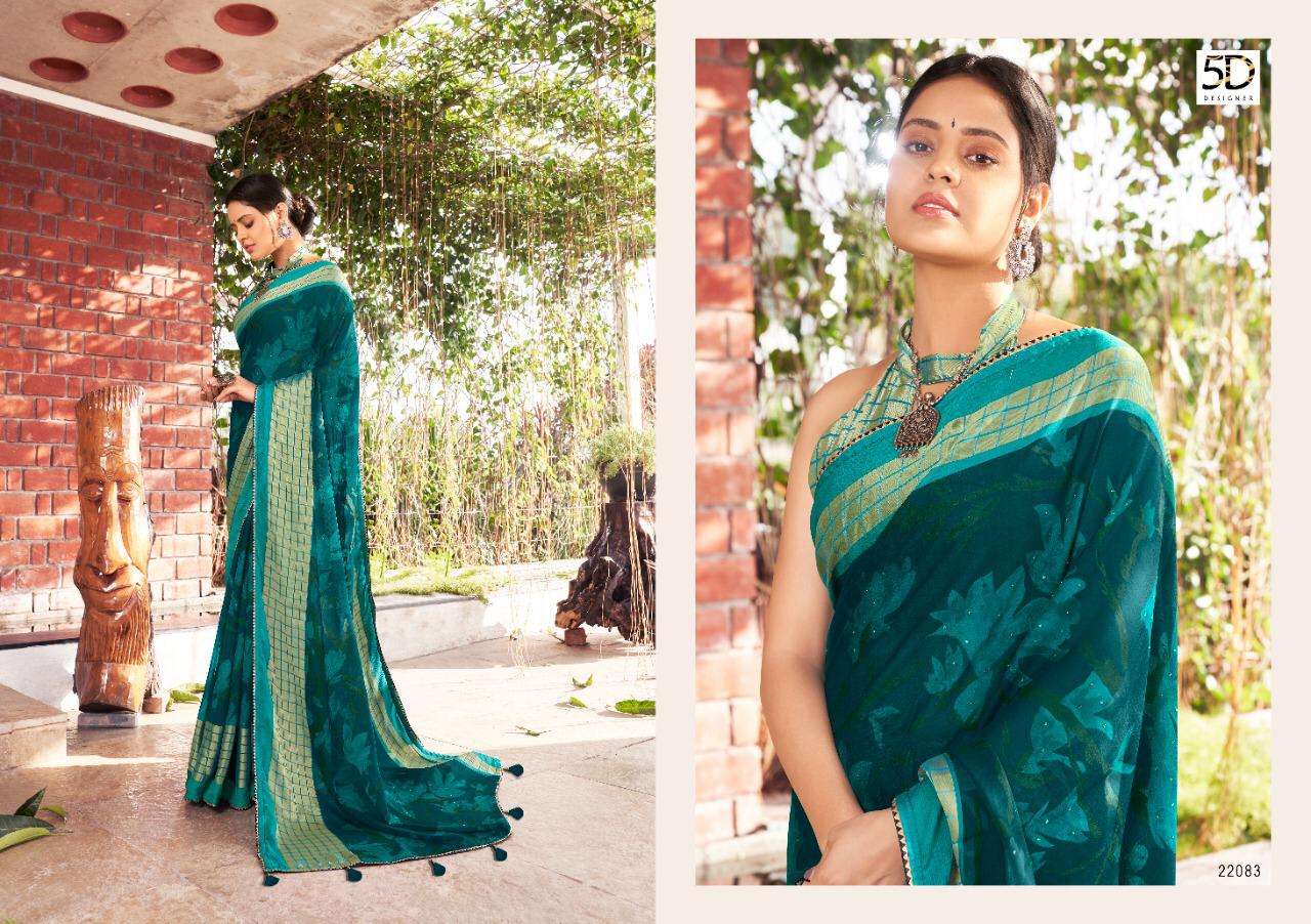 TEHZEEB VOL-4 BY 5D DESIGNER 22081 TO 22085 SERIES INDIAN TRADITIONAL WEAR COLLECTION BEAUTIFUL STYLISH FANCY COLORFUL PARTY WEAR & OCCASIONAL WEAR PURE CHIFFON SAREES AT WHOLESALE PRICE