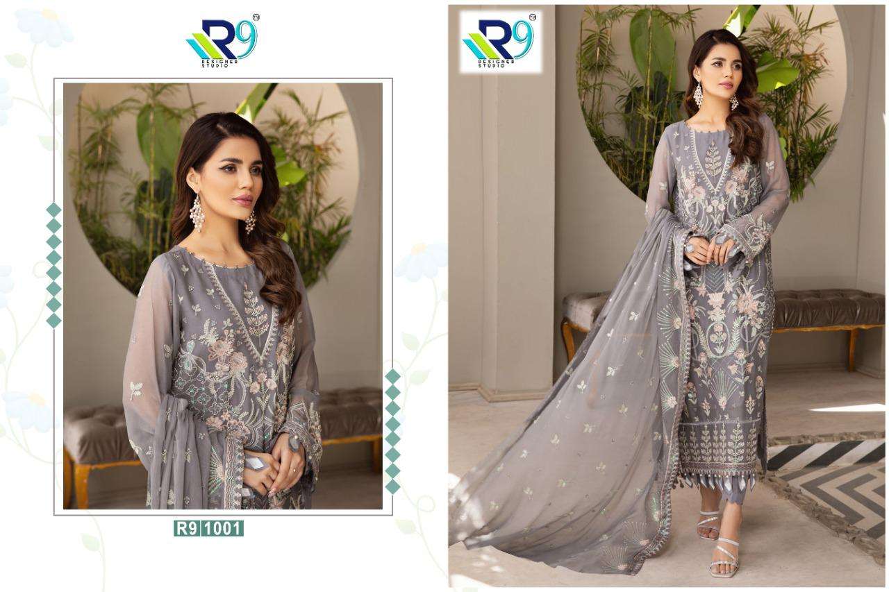 RAMSHA BLOCKBUSTER BY R9 1001 TO 1006 SERIES DESIGNER FESTIVE PAKISTANI SUITS COLLECTION BEAUTIFUL STYLISH FANCY COLORFUL PARTY WEAR & OCCASIONAL WEAR FAUX GEORGETTE EMBROIDERED DRESSES AT WHOLESALE PRICE