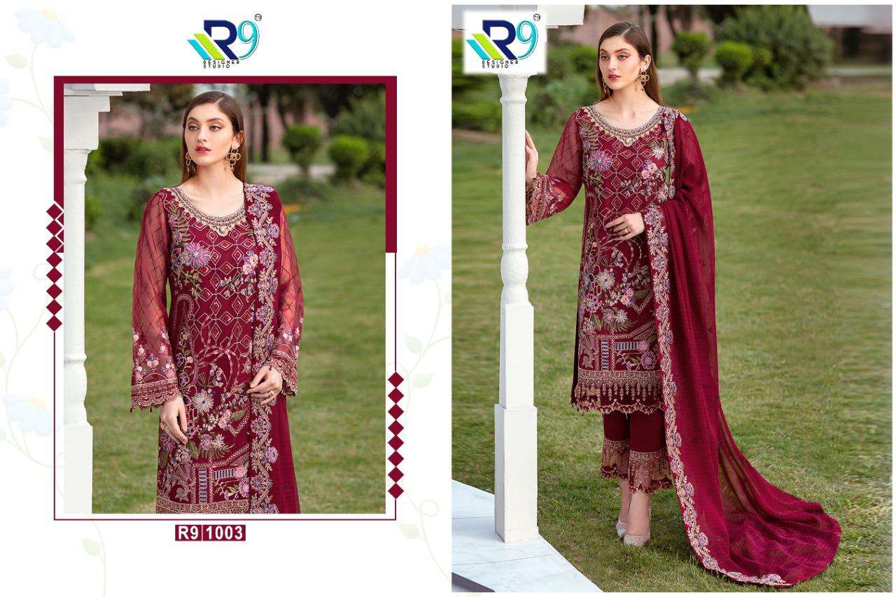 RAMSHA BLOCKBUSTER BY R9 1001 TO 1006 SERIES DESIGNER FESTIVE PAKISTANI SUITS COLLECTION BEAUTIFUL STYLISH FANCY COLORFUL PARTY WEAR & OCCASIONAL WEAR FAUX GEORGETTE EMBROIDERED DRESSES AT WHOLESALE PRICE