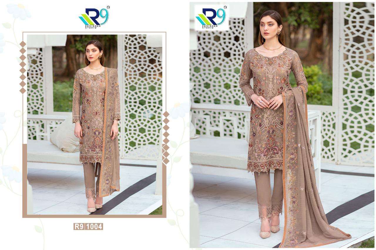 RAMSHA BLOCKBUSTER BY R9 1001 TO 1006 SERIES DESIGNER FESTIVE PAKISTANI SUITS COLLECTION BEAUTIFUL STYLISH FANCY COLORFUL PARTY WEAR & OCCASIONAL WEAR FAUX GEORGETTE EMBROIDERED DRESSES AT WHOLESALE PRICE