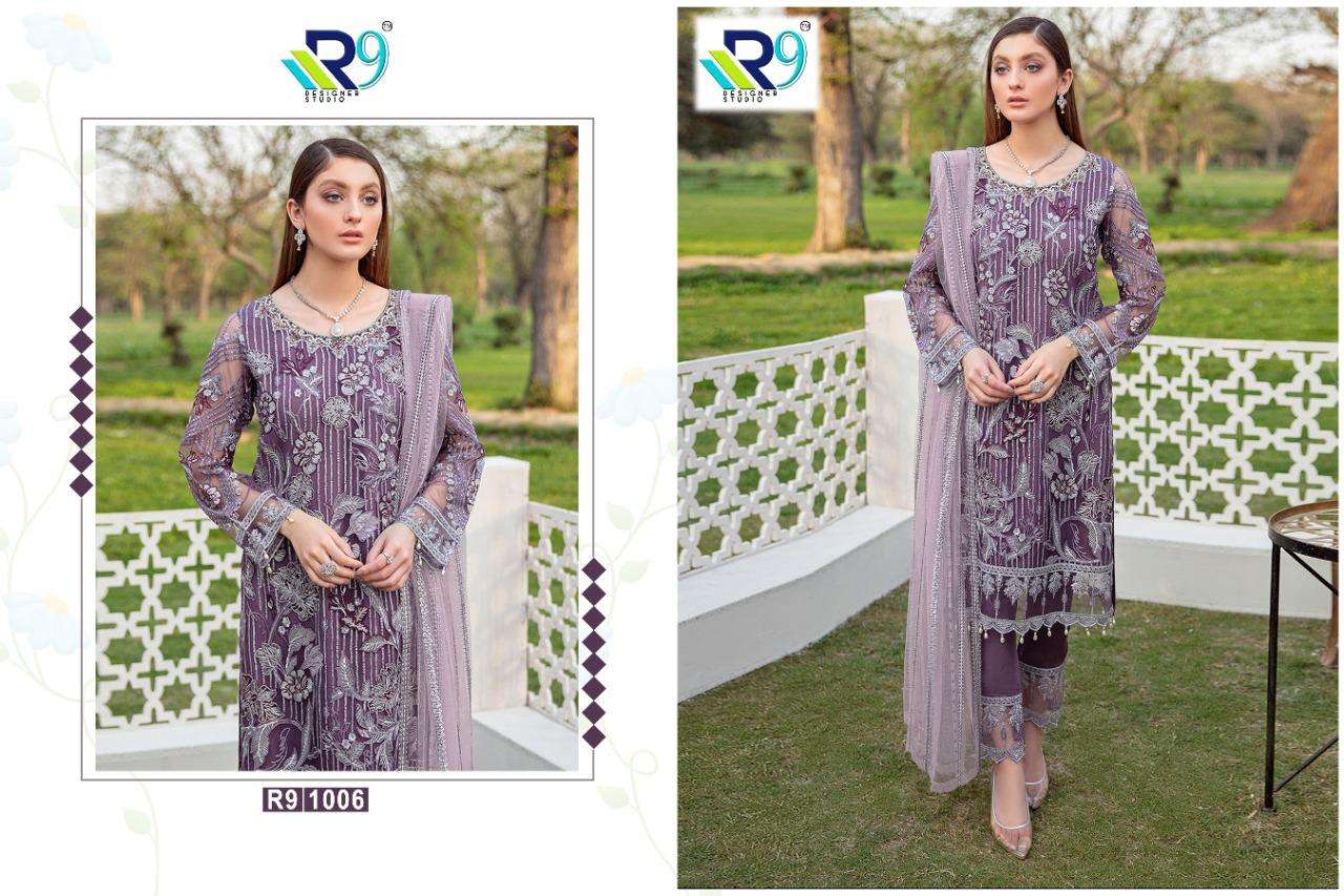 RAMSHA BLOCKBUSTER BY R9 1001 TO 1006 SERIES DESIGNER FESTIVE PAKISTANI SUITS COLLECTION BEAUTIFUL STYLISH FANCY COLORFUL PARTY WEAR & OCCASIONAL WEAR FAUX GEORGETTE EMBROIDERED DRESSES AT WHOLESALE PRICE