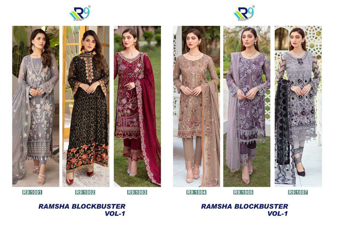 RAMSHA BLOCKBUSTER BY R9 1001 TO 1006 SERIES DESIGNER FESTIVE PAKISTANI SUITS COLLECTION BEAUTIFUL STYLISH FANCY COLORFUL PARTY WEAR & OCCASIONAL WEAR FAUX GEORGETTE EMBROIDERED DRESSES AT WHOLESALE PRICE