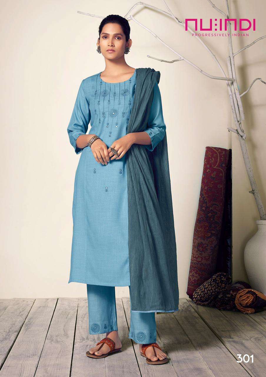 ELIZA BY NU INDI 301 TO 306 SERIES BEAUTIFUL SUITS COLORFUL STYLISH FANCY CASUAL WEAR & ETHNIC WEAR PURE VISCOSE EMBROIDERED DRESSES AT WHOLESALE PRICE