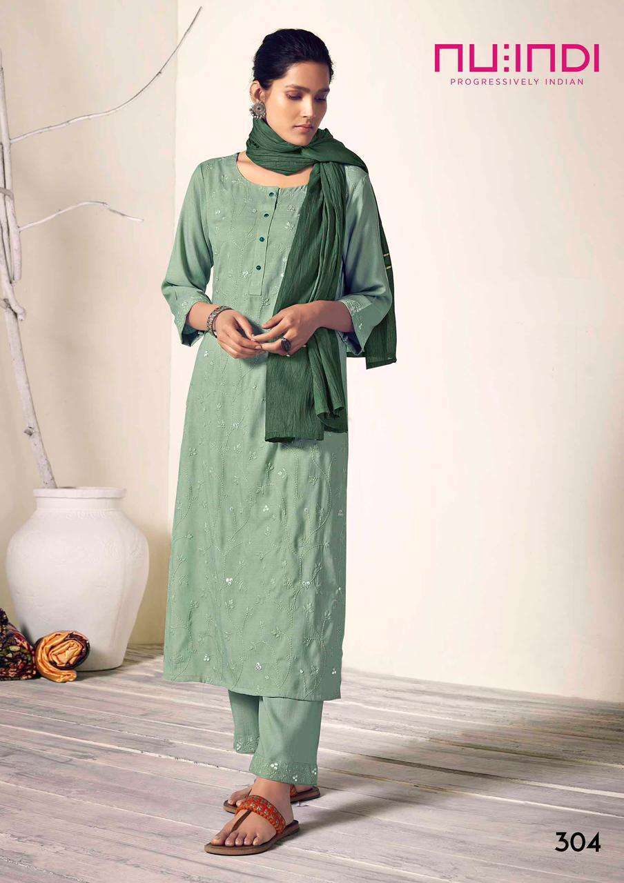 ELIZA BY NU INDI 301 TO 306 SERIES BEAUTIFUL SUITS COLORFUL STYLISH FANCY CASUAL WEAR & ETHNIC WEAR PURE VISCOSE EMBROIDERED DRESSES AT WHOLESALE PRICE