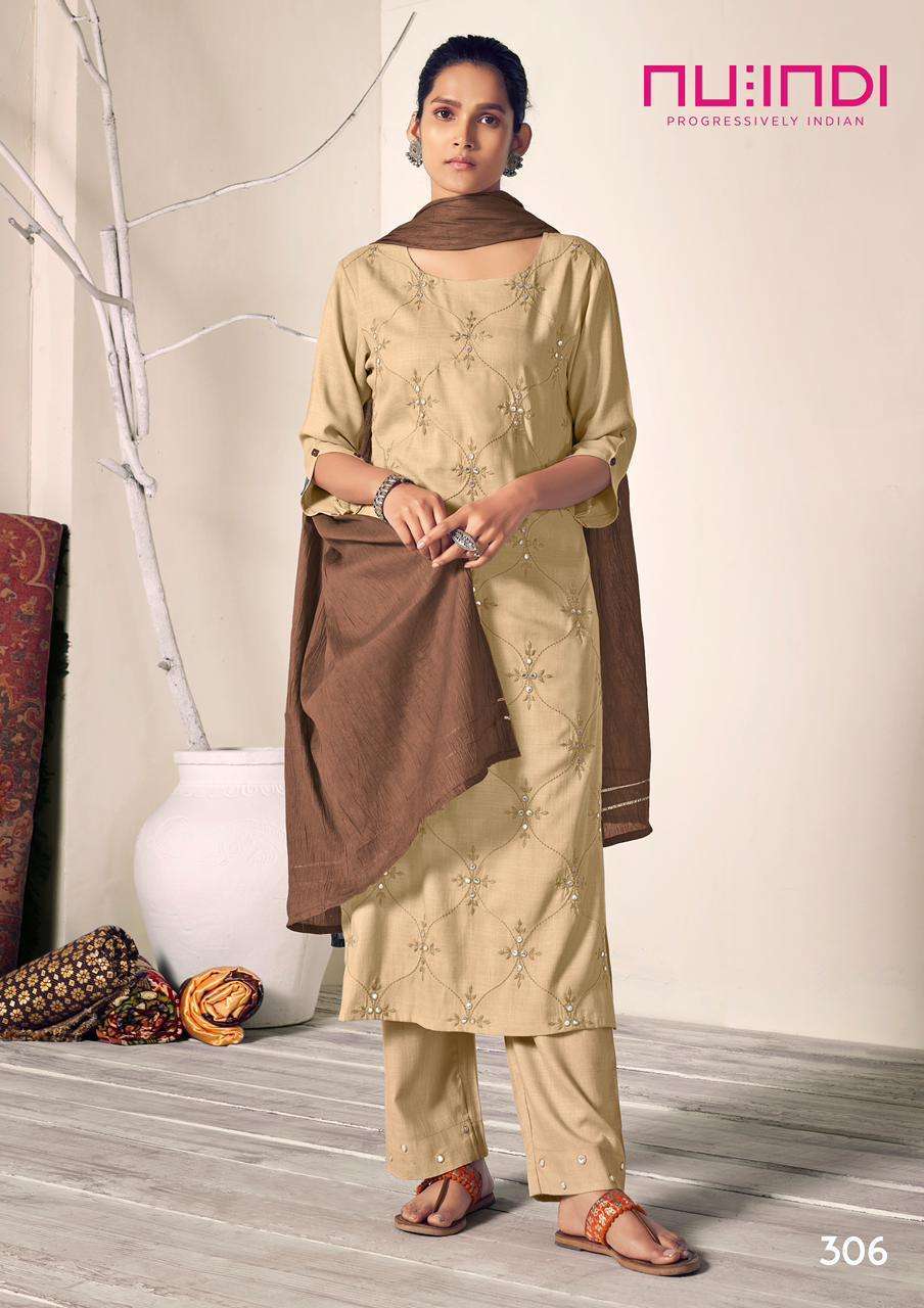 ELIZA BY NU INDI 301 TO 306 SERIES BEAUTIFUL SUITS COLORFUL STYLISH FANCY CASUAL WEAR & ETHNIC WEAR PURE VISCOSE EMBROIDERED DRESSES AT WHOLESALE PRICE