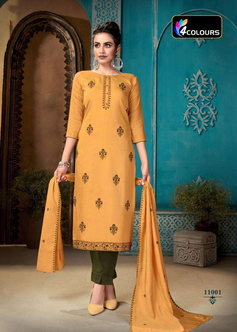 ALEENA BY 4 COLOURS 11001 TO 11005 SERIES BEAUTIFUL SUITS COLORFUL STYLISH FANCY CASUAL WEAR & ETHNIC WEAR HEAVY SILK EMBROIDERED DRESSES AT WHOLESALE PRICE