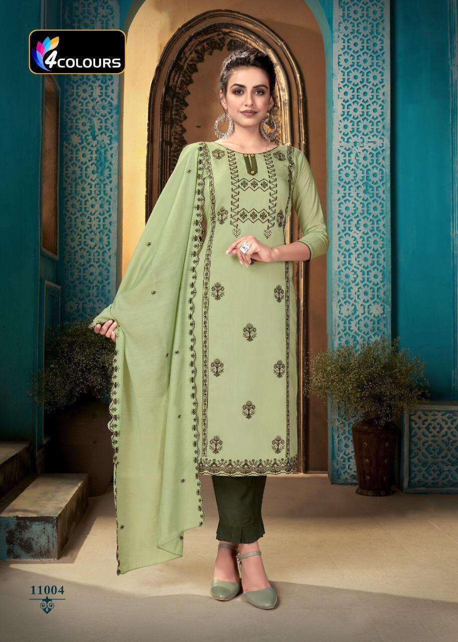 ALEENA BY 4 COLOURS 11001 TO 11005 SERIES BEAUTIFUL SUITS COLORFUL STYLISH FANCY CASUAL WEAR & ETHNIC WEAR HEAVY SILK EMBROIDERED DRESSES AT WHOLESALE PRICE