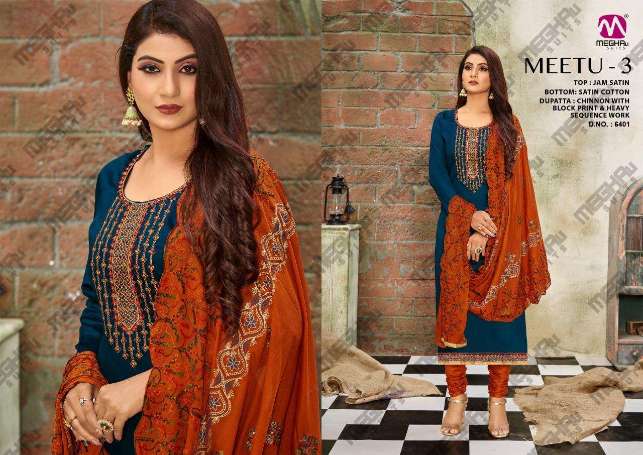MEETU VOL-3 BY MEGHALI SUITS 6399 TO 6404 SERIES BEAUTIFUL SUITS COLORFUL STYLISH FANCY CASUAL WEAR & ETHNIC WEAR JAM SATIN DRESSES AT WHOLESALE PRICE