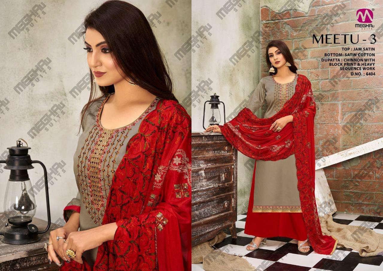 MEETU VOL-3 BY MEGHALI SUITS 6399 TO 6404 SERIES BEAUTIFUL SUITS COLORFUL STYLISH FANCY CASUAL WEAR & ETHNIC WEAR JAM SATIN DRESSES AT WHOLESALE PRICE