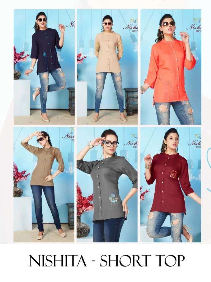NISHITA BY N4U 2001 TO 2006 SERIES DESIGNER STYLISH FANCY COLORFUL BEAUTIFUL PARTY WEAR & ETHNIC WEAR COLLECTION RAYON EMBROIDERY TOPS AT WHOLESALE PRICE