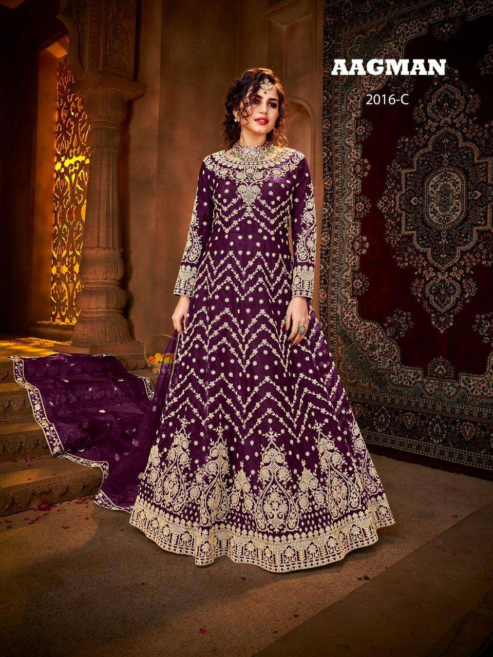 AAGMAN BY AVIGHAYA 2016-A TO 2016-D SERIES BEAUTIFUL STYLISH ANARKALI SUITS FANCY COLORFUL CASUAL WEAR & ETHNIC WEAR & READY TO WEAR NET EMBROIDERED DRESSES AT WHOLESALE PRICE