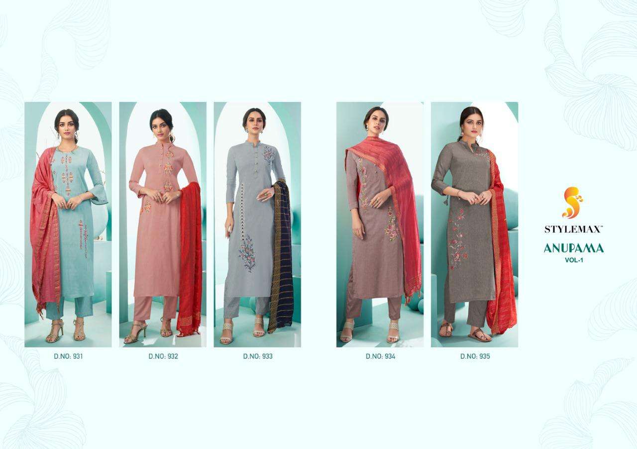 ANUPAMA VOL-1 BY STYLEMAX 931 TO 935 SERIES BEAUTIFUL SUITS COLORFUL STYLISH FANCY CASUAL WEAR & ETHNIC WEAR COTTON EMBROIDERED DRESSES AT WHOLESALE PRICE