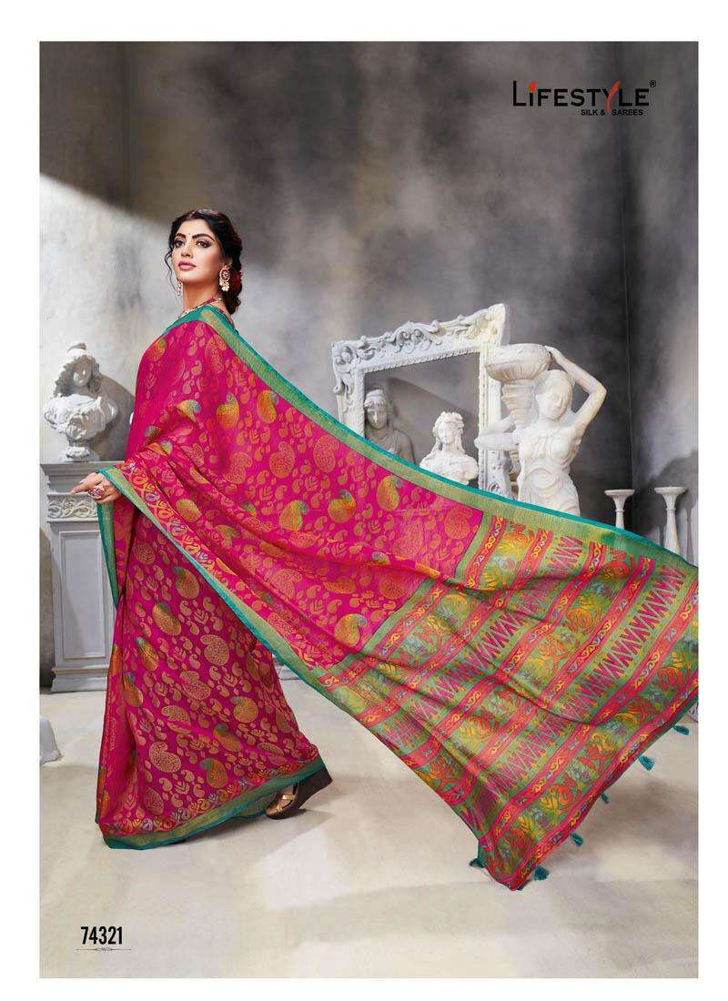 COTTON CLUB VOL-1 BY LIFESTYLE SAREES 74321 TO 74330 SERIES INDIAN TRADITIONAL WEAR COLLECTION BEAUTIFUL STYLISH FANCY COLORFUL PARTY WEAR & OCCASIONAL WEAR COTTON BRASSO SAREES AT WHOLESALE PRICE