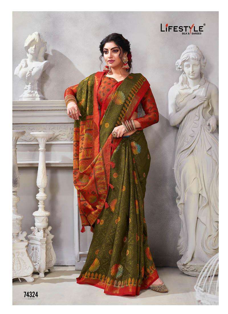 COTTON CLUB VOL-1 BY LIFESTYLE SAREES 74321 TO 74330 SERIES INDIAN TRADITIONAL WEAR COLLECTION BEAUTIFUL STYLISH FANCY COLORFUL PARTY WEAR & OCCASIONAL WEAR COTTON BRASSO SAREES AT WHOLESALE PRICE