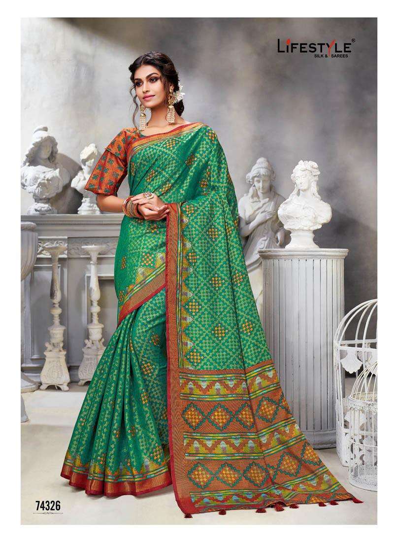 COTTON CLUB VOL-1 BY LIFESTYLE SAREES 74321 TO 74330 SERIES INDIAN TRADITIONAL WEAR COLLECTION BEAUTIFUL STYLISH FANCY COLORFUL PARTY WEAR & OCCASIONAL WEAR COTTON BRASSO SAREES AT WHOLESALE PRICE