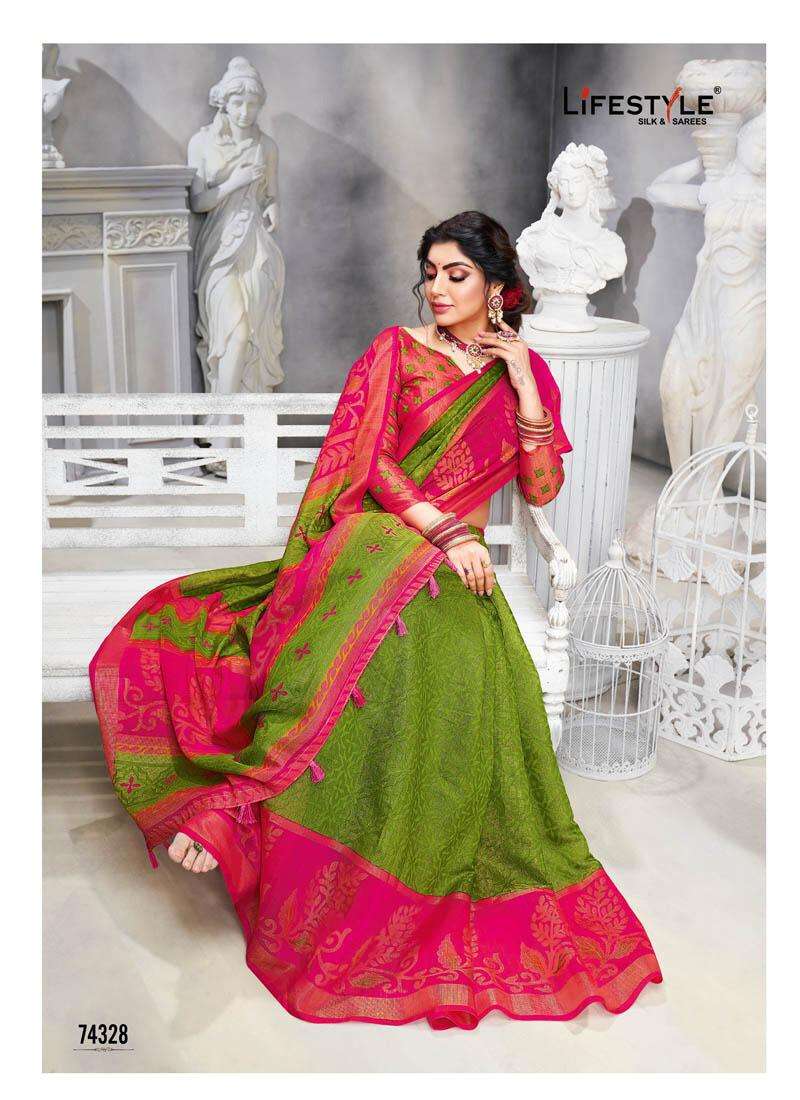 COTTON CLUB VOL-1 BY LIFESTYLE SAREES 74321 TO 74330 SERIES INDIAN TRADITIONAL WEAR COLLECTION BEAUTIFUL STYLISH FANCY COLORFUL PARTY WEAR & OCCASIONAL WEAR COTTON BRASSO SAREES AT WHOLESALE PRICE