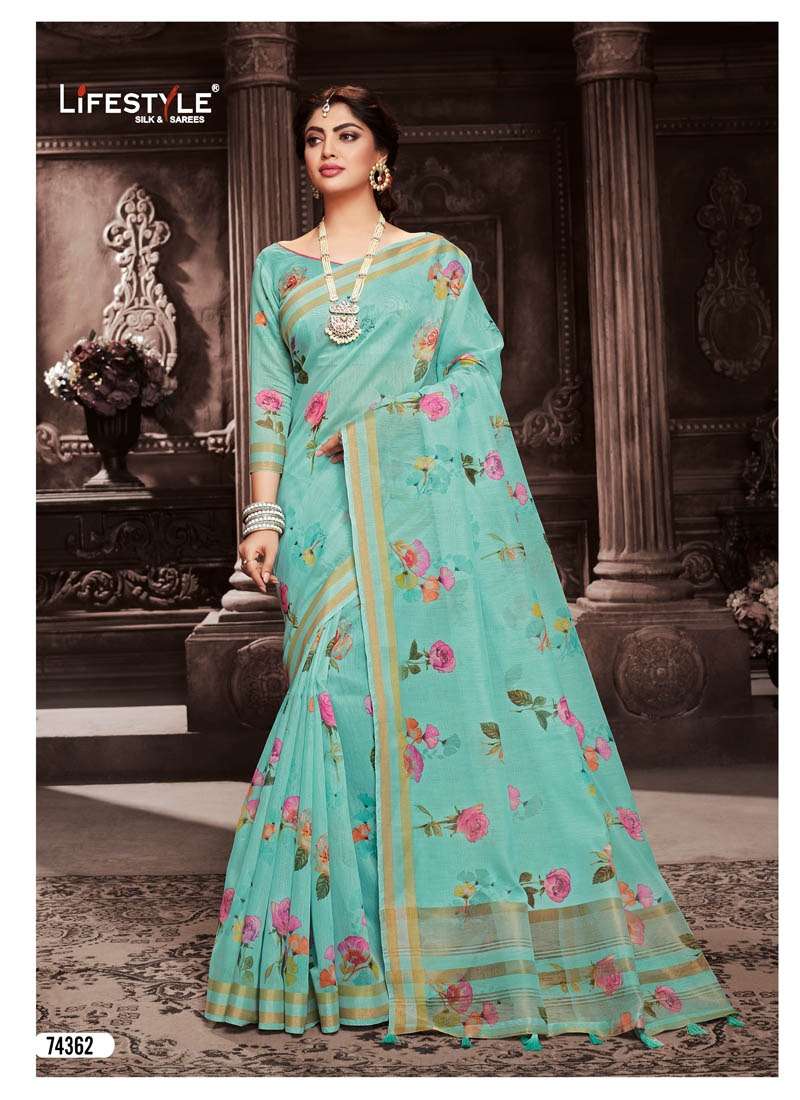 VATIKA COTTON BY LIFESTYLE SAREES 74361 TO 74366 SERIES INDIAN TRADITIONAL WEAR COLLECTION BEAUTIFUL STYLISH FANCY COLORFUL PARTY WEAR & OCCASIONAL WEAR COTTON BRASSO SAREES AT WHOLESALE PRICE