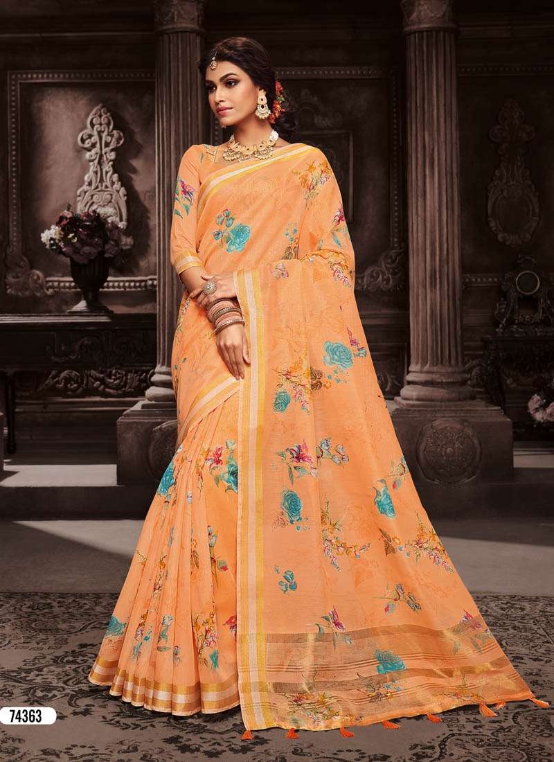VATIKA COTTON BY LIFESTYLE SAREES 74361 TO 74366 SERIES INDIAN TRADITIONAL WEAR COLLECTION BEAUTIFUL STYLISH FANCY COLORFUL PARTY WEAR & OCCASIONAL WEAR COTTON BRASSO SAREES AT WHOLESALE PRICE