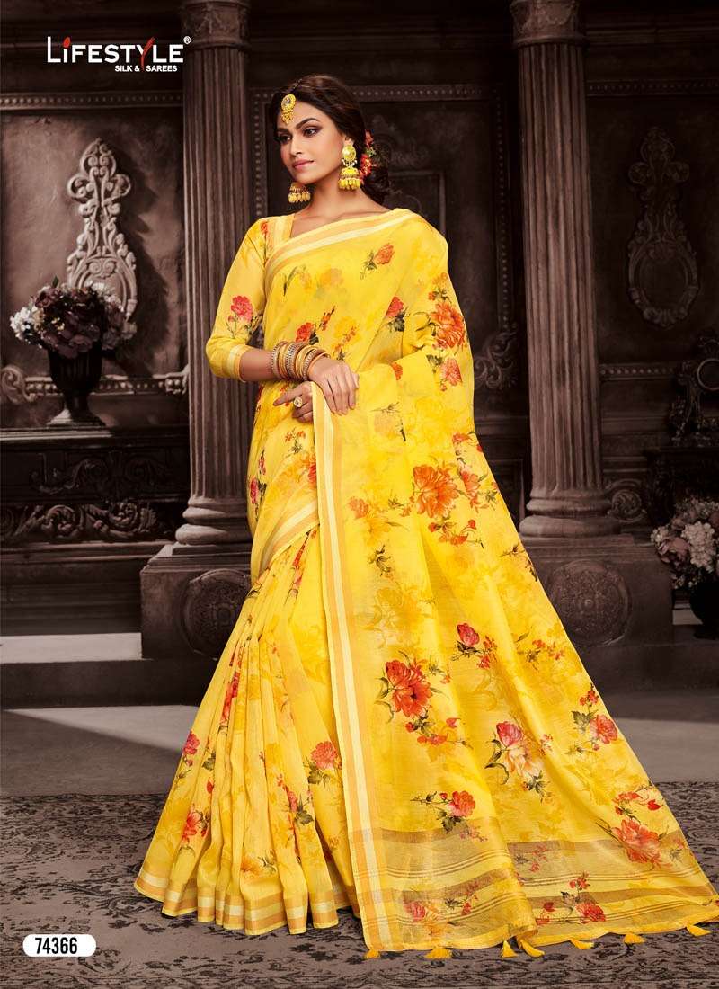 VATIKA COTTON BY LIFESTYLE SAREES 74361 TO 74366 SERIES INDIAN TRADITIONAL WEAR COLLECTION BEAUTIFUL STYLISH FANCY COLORFUL PARTY WEAR & OCCASIONAL WEAR COTTON BRASSO SAREES AT WHOLESALE PRICE