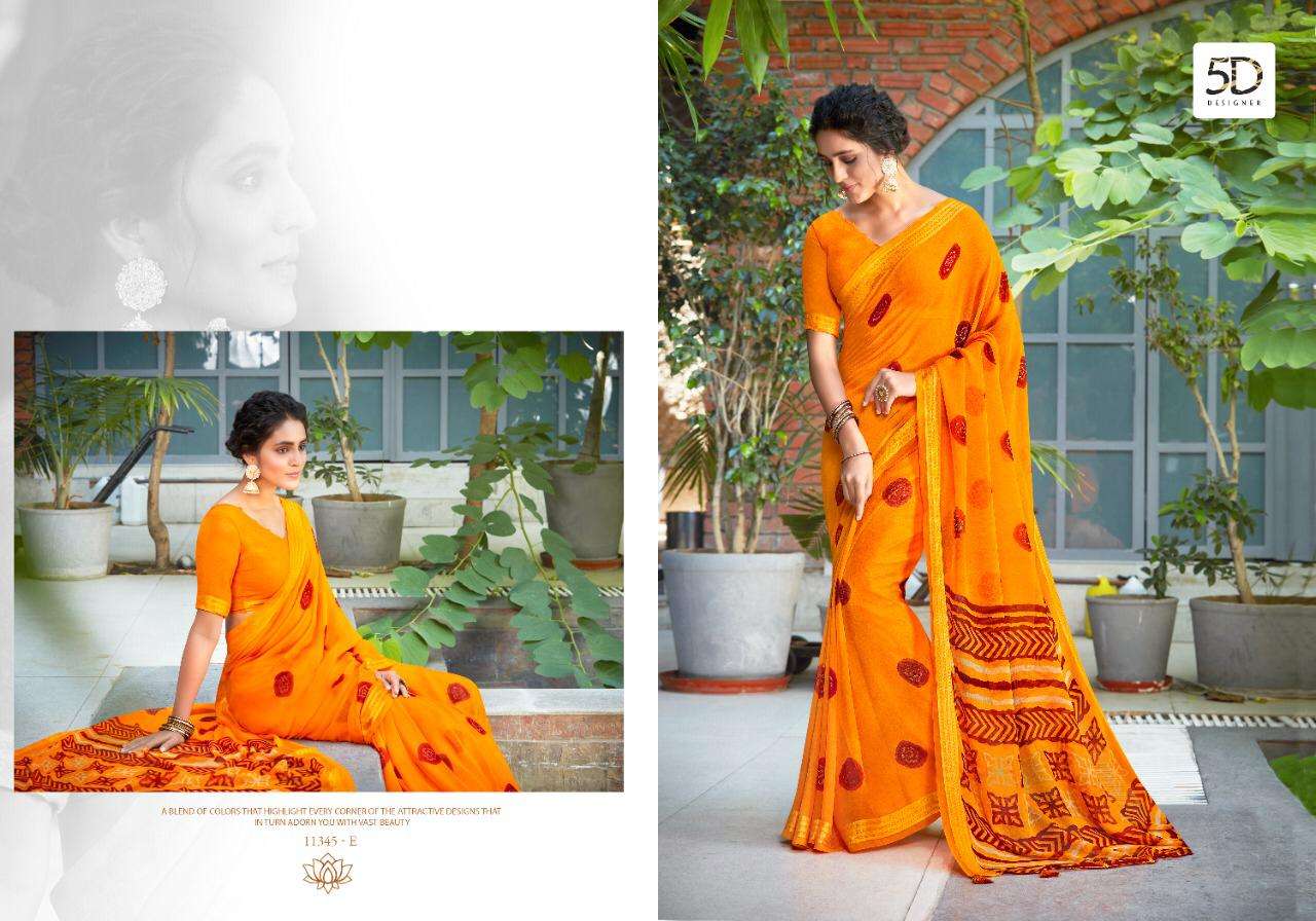 JODHA VOL-7 BY 5D DESIGNER 11345-A TO 11345-H SERIES INDIAN TRADITIONAL WEAR COLLECTION BEAUTIFUL STYLISH FANCY COLORFUL PARTY WEAR & OCCASIONAL WEAR PURE GEORGETTE SAREES AT WHOLESALE PRICE