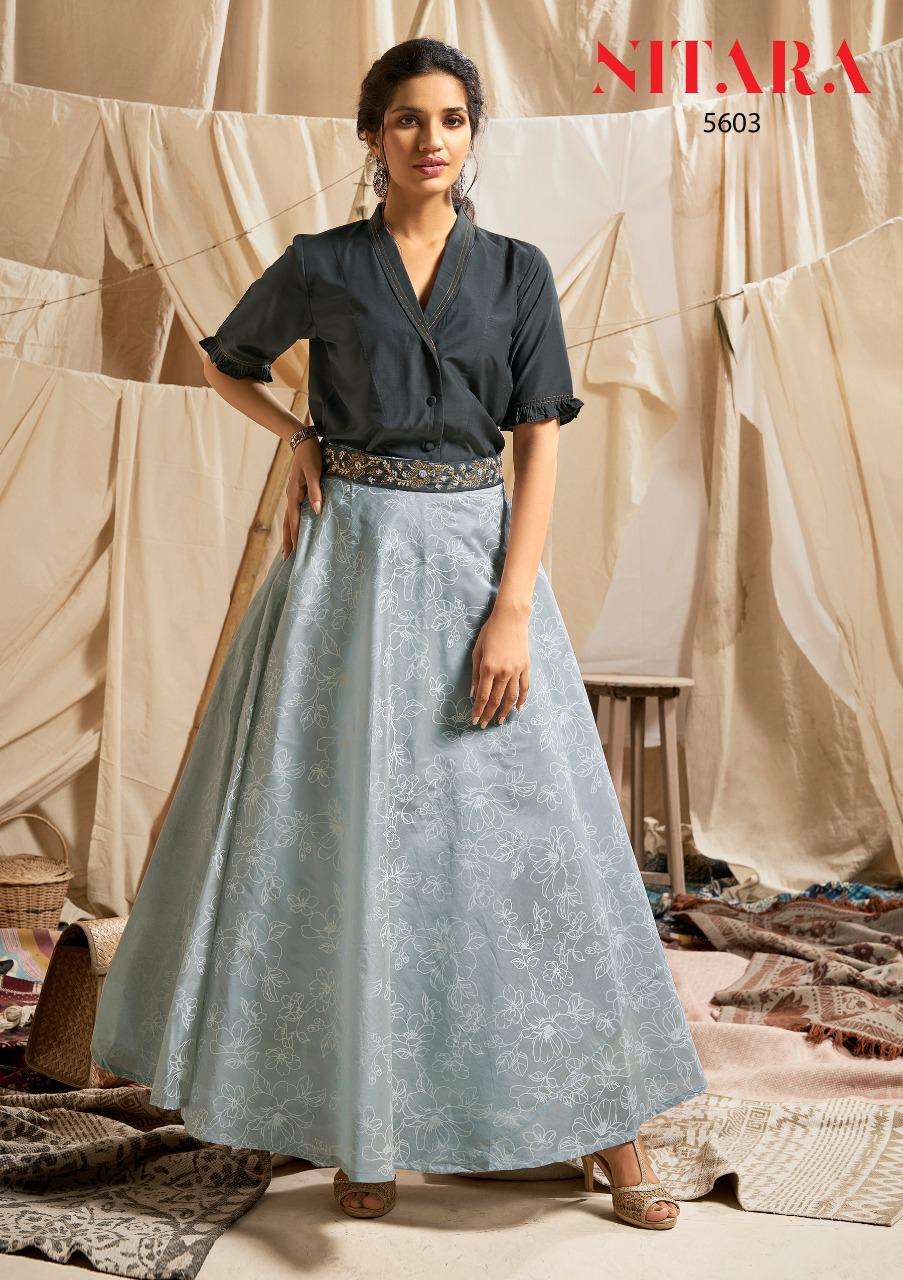 SPARKLES VOL-6 BY NITARA 5601 TO 5606 SERIES DESIGNER STYLISH FANCY COLORFUL BEAUTIFUL PARTY WEAR & ETHNIC WEAR COLLECTION SILK TOPS WITH SKIRTS AT WHOLESALE PRICE