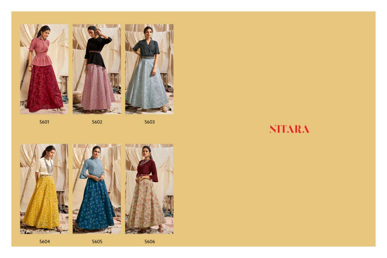 SPARKLES VOL-6 BY NITARA 5601 TO 5606 SERIES DESIGNER STYLISH FANCY COLORFUL BEAUTIFUL PARTY WEAR & ETHNIC WEAR COLLECTION SILK TOPS WITH SKIRTS AT WHOLESALE PRICE