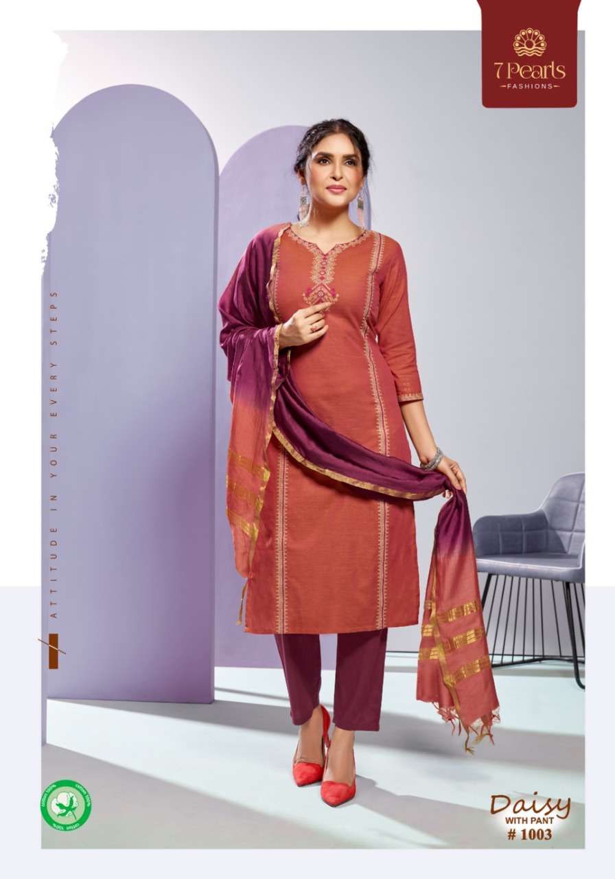 DAISY BY 7 PEARLS 1001 TO 1004 SERIES BEAUTIFUL SUITS COLORFUL STYLISH FANCY CASUAL WEAR & ETHNIC WEAR PURE COTTON EMBROIDERED DRESSES AT WHOLESALE PRICE