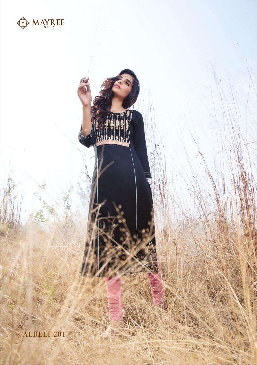ALBELI VOL-2 BY MAYREE 201 TO 210 SERIES DESIGNER STYLISH FANCY COLORFUL BEAUTIFUL PARTY WEAR & ETHNIC WEAR COLLECTION SLUB RAYON EMBROIDERY KURTIS AT WHOLESALE PRICE