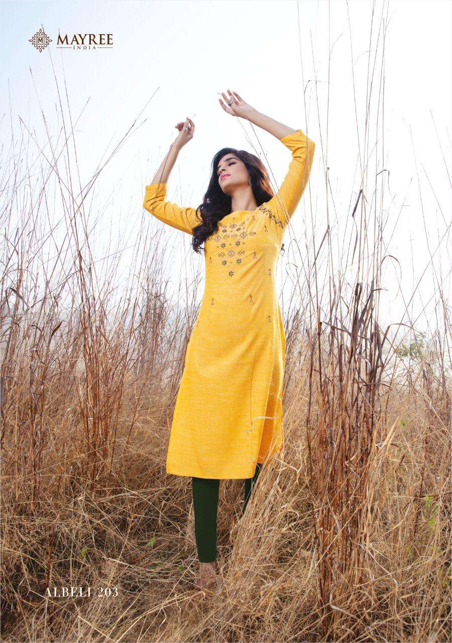 ALBELI VOL-2 BY MAYREE 201 TO 210 SERIES DESIGNER STYLISH FANCY COLORFUL BEAUTIFUL PARTY WEAR & ETHNIC WEAR COLLECTION SLUB RAYON EMBROIDERY KURTIS AT WHOLESALE PRICE