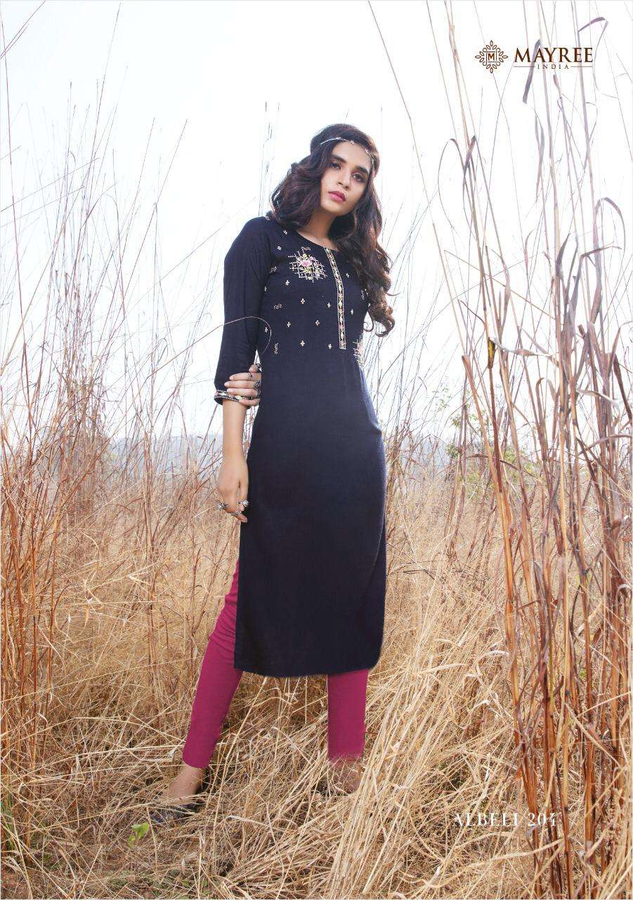 ALBELI VOL-2 BY MAYREE 201 TO 210 SERIES DESIGNER STYLISH FANCY COLORFUL BEAUTIFUL PARTY WEAR & ETHNIC WEAR COLLECTION SLUB RAYON EMBROIDERY KURTIS AT WHOLESALE PRICE