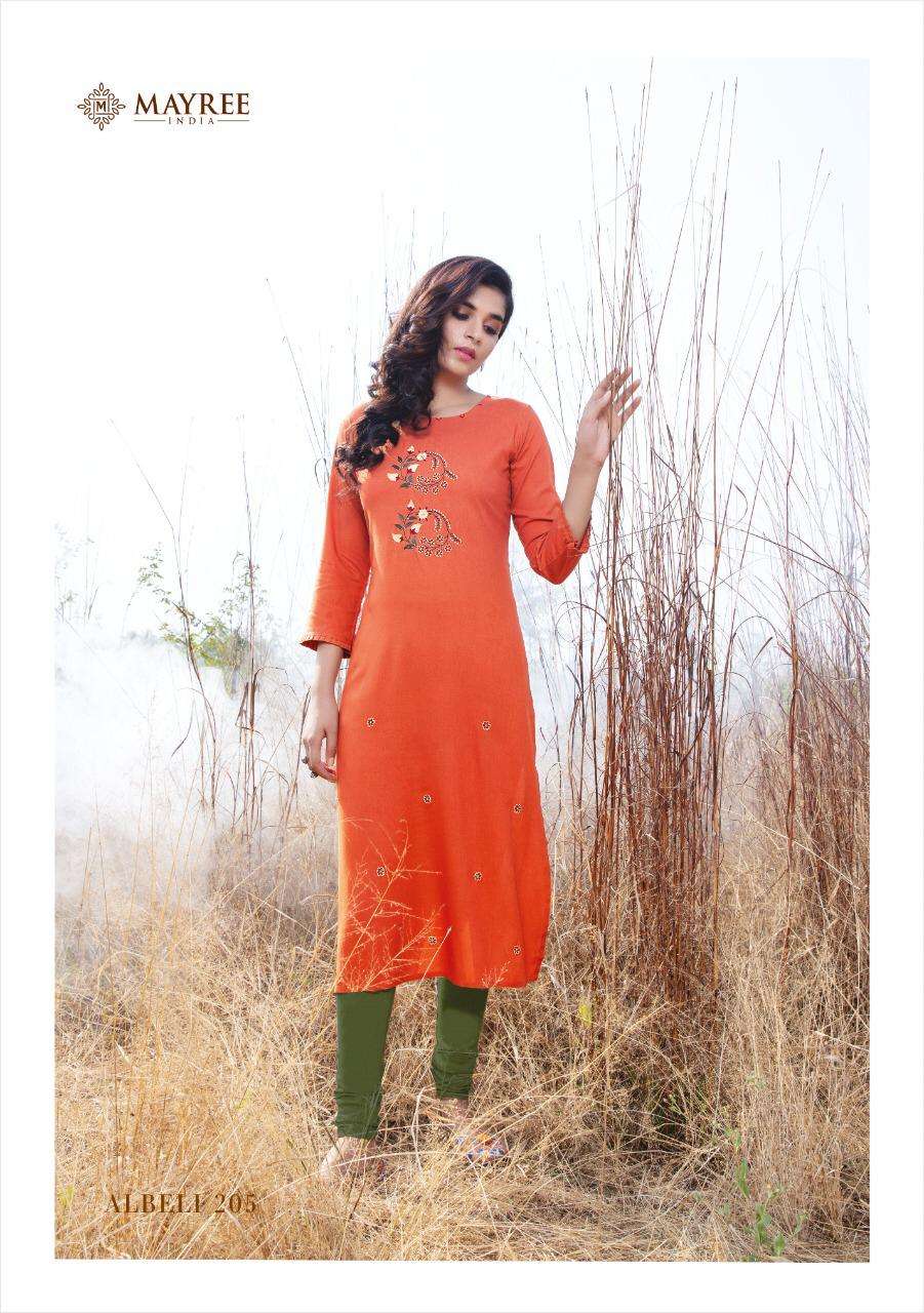 ALBELI VOL-2 BY MAYREE 201 TO 210 SERIES DESIGNER STYLISH FANCY COLORFUL BEAUTIFUL PARTY WEAR & ETHNIC WEAR COLLECTION SLUB RAYON EMBROIDERY KURTIS AT WHOLESALE PRICE