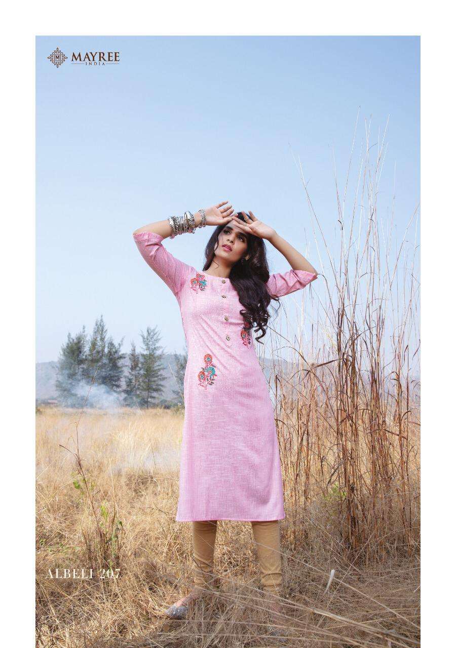 ALBELI VOL-2 BY MAYREE 201 TO 210 SERIES DESIGNER STYLISH FANCY COLORFUL BEAUTIFUL PARTY WEAR & ETHNIC WEAR COLLECTION SLUB RAYON EMBROIDERY KURTIS AT WHOLESALE PRICE