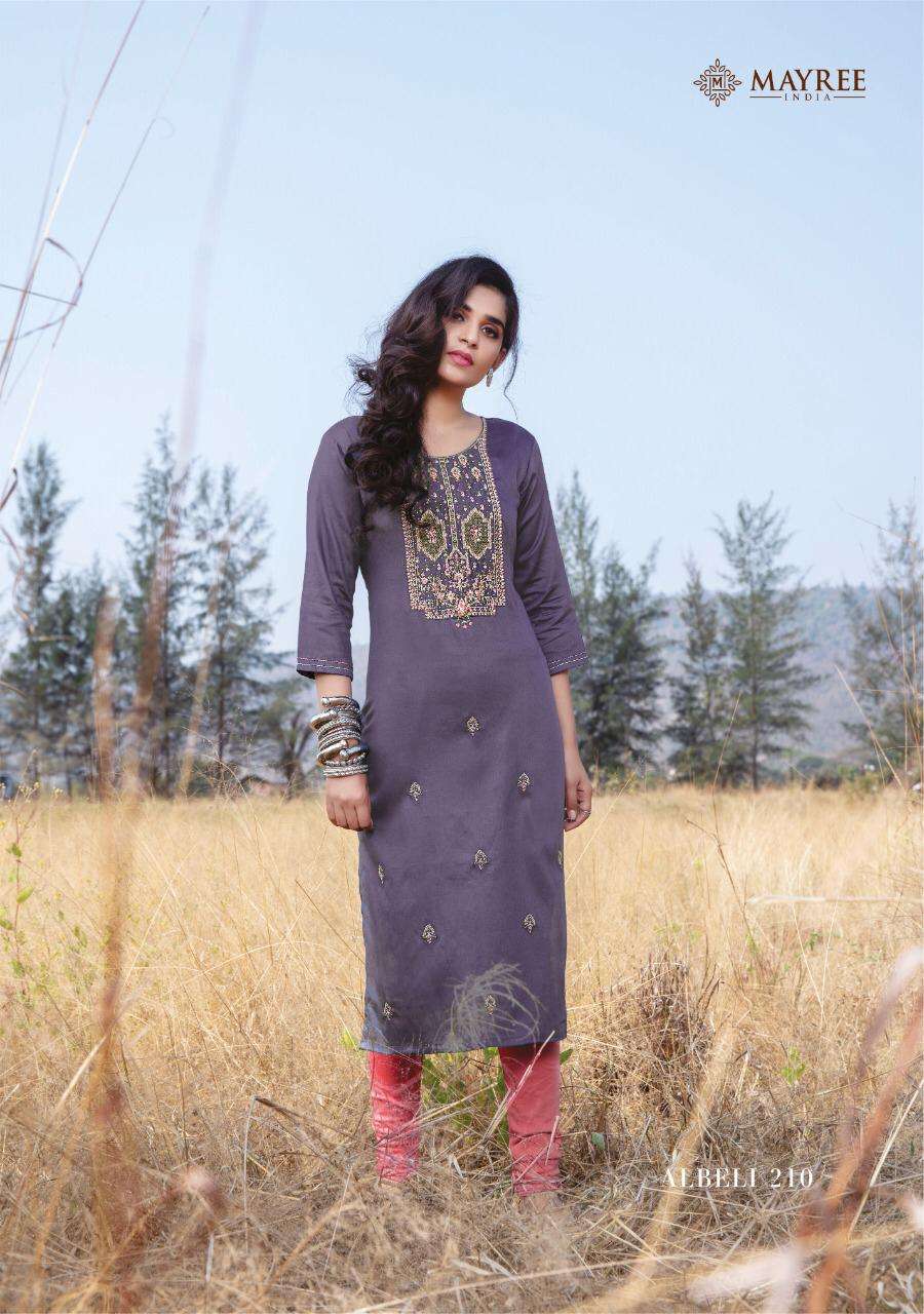 ALBELI VOL-2 BY MAYREE 201 TO 210 SERIES DESIGNER STYLISH FANCY COLORFUL BEAUTIFUL PARTY WEAR & ETHNIC WEAR COLLECTION SLUB RAYON EMBROIDERY KURTIS AT WHOLESALE PRICE