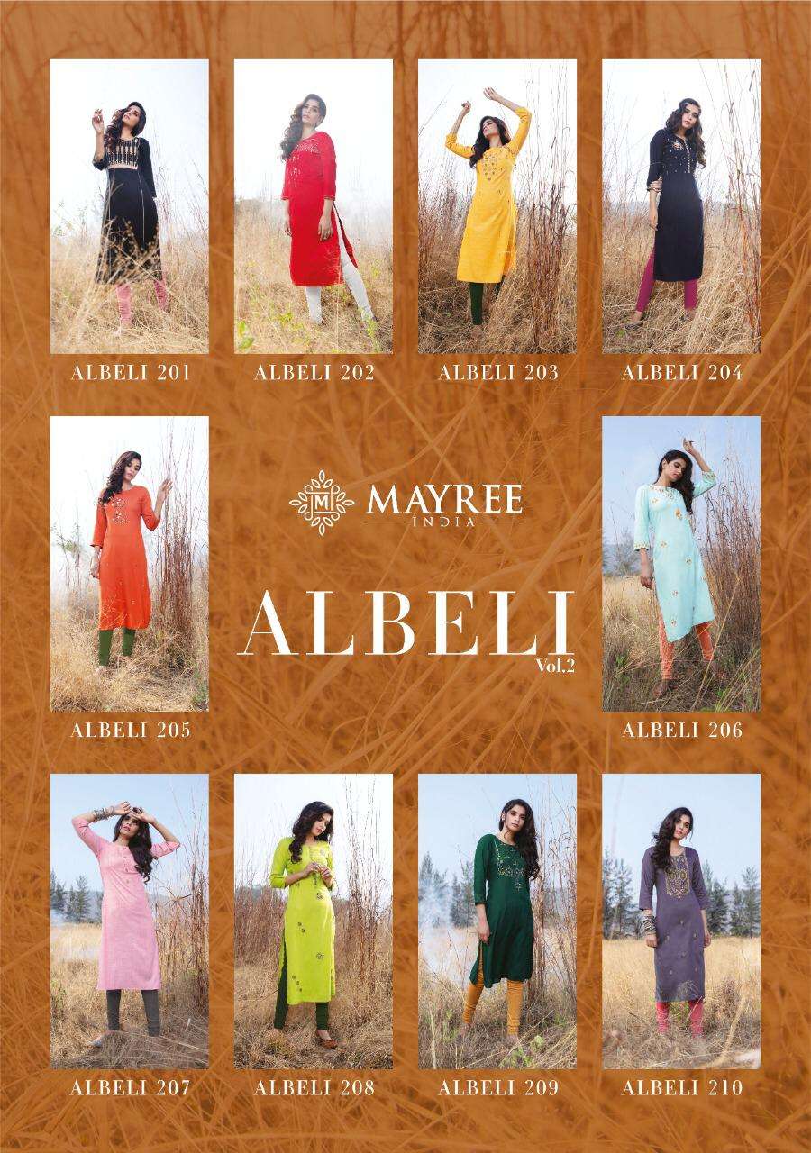 ALBELI VOL-2 BY MAYREE 201 TO 210 SERIES DESIGNER STYLISH FANCY COLORFUL BEAUTIFUL PARTY WEAR & ETHNIC WEAR COLLECTION SLUB RAYON EMBROIDERY KURTIS AT WHOLESALE PRICE
