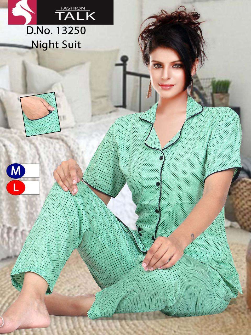 FASHION TALK 13250 SERIES BY FASHION TALK 13250-A TO 13250-D SERIES DESIGNER BEAUTIFUL STYLISH FANCY COLORFUL PARTY WEAR & OCCASIONAL WEAR HEAVY RAYON NIGHT SUITS AT WHOLESALE PRICE