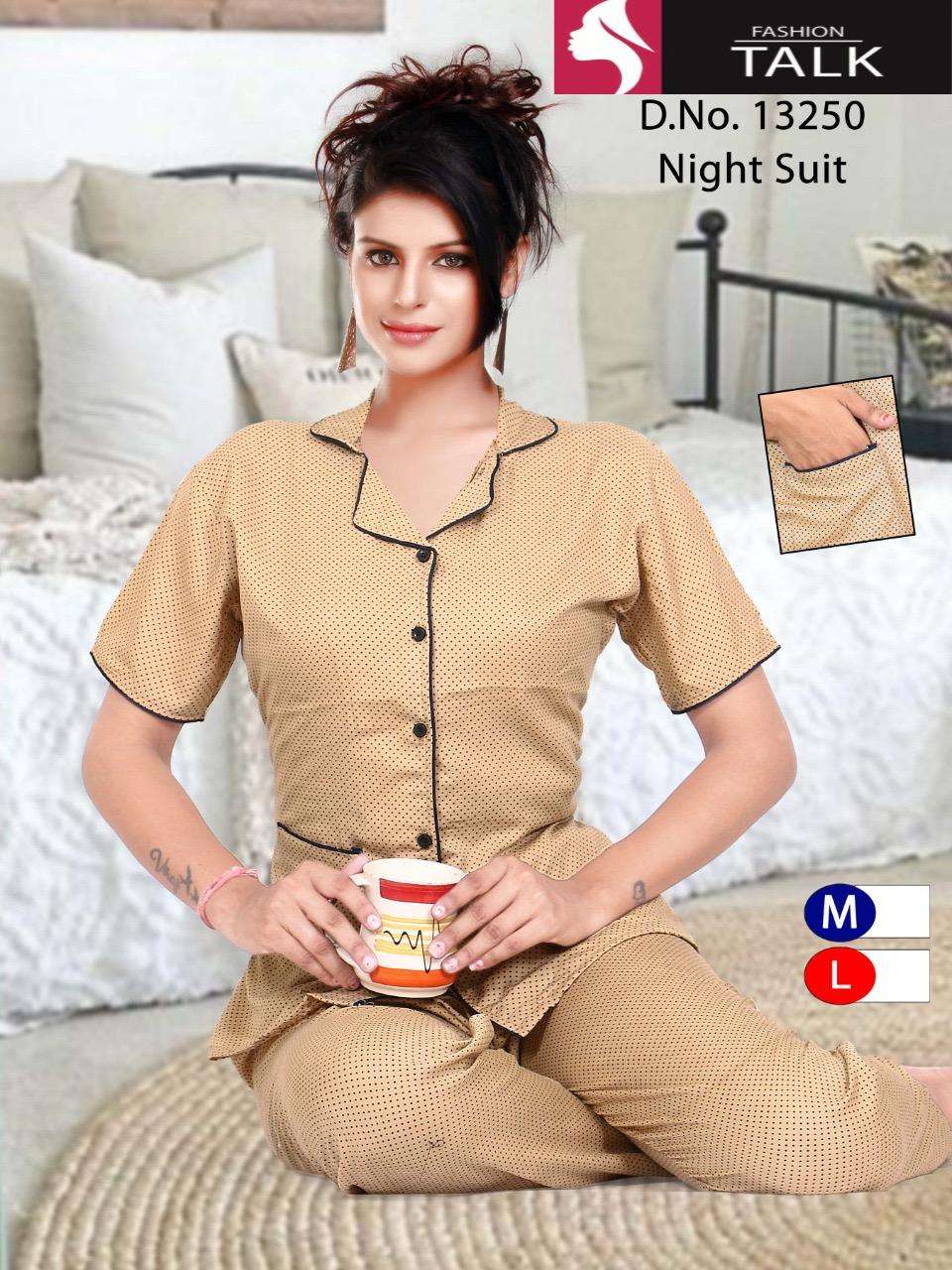FASHION TALK 13250 SERIES BY FASHION TALK 13250-A TO 13250-D SERIES DESIGNER BEAUTIFUL STYLISH FANCY COLORFUL PARTY WEAR & OCCASIONAL WEAR HEAVY RAYON NIGHT SUITS AT WHOLESALE PRICE
