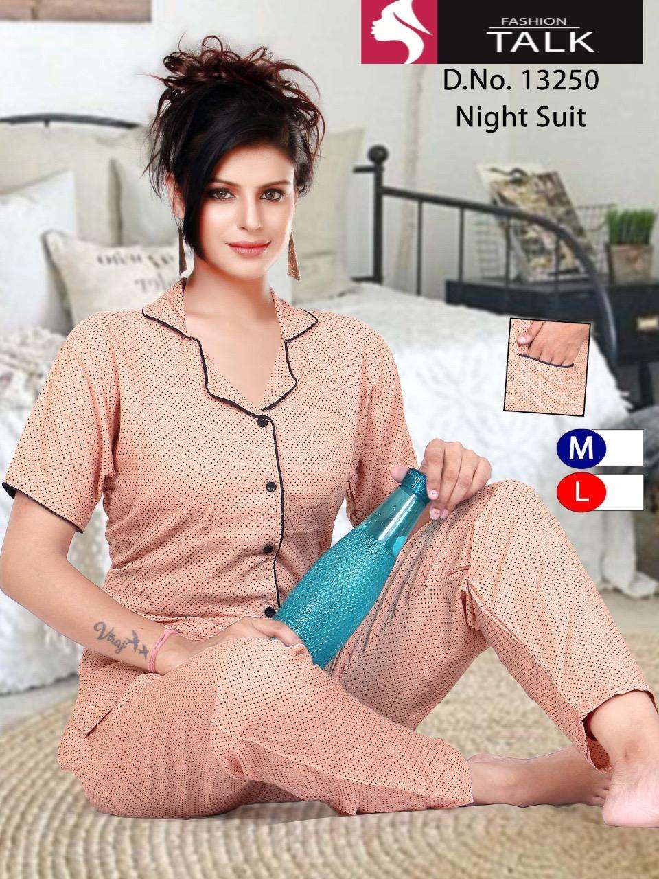 FASHION TALK 13250 SERIES BY FASHION TALK 13250-A TO 13250-D SERIES DESIGNER BEAUTIFUL STYLISH FANCY COLORFUL PARTY WEAR & OCCASIONAL WEAR HEAVY RAYON NIGHT SUITS AT WHOLESALE PRICE