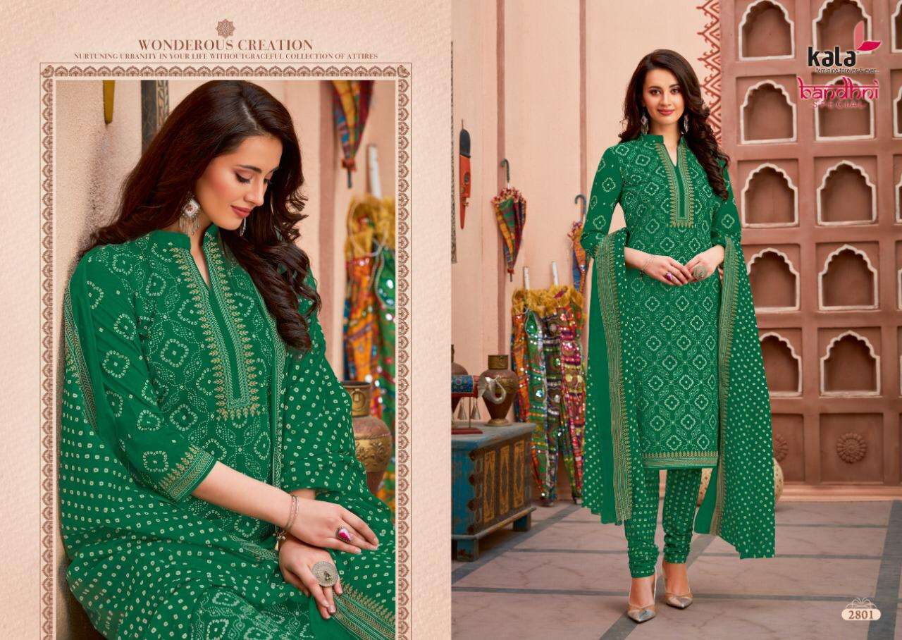 BANDHANI SPECIAL VOL-2 BY KALA 2801 TO 2812 SERIES BEAUTIFUL STYLISH SUITS FANCY COLORFUL CASUAL WEAR & ETHNIC WEAR & READY TO WEAR PURE COTTON DRESSES AT WHOLESALE PRICE