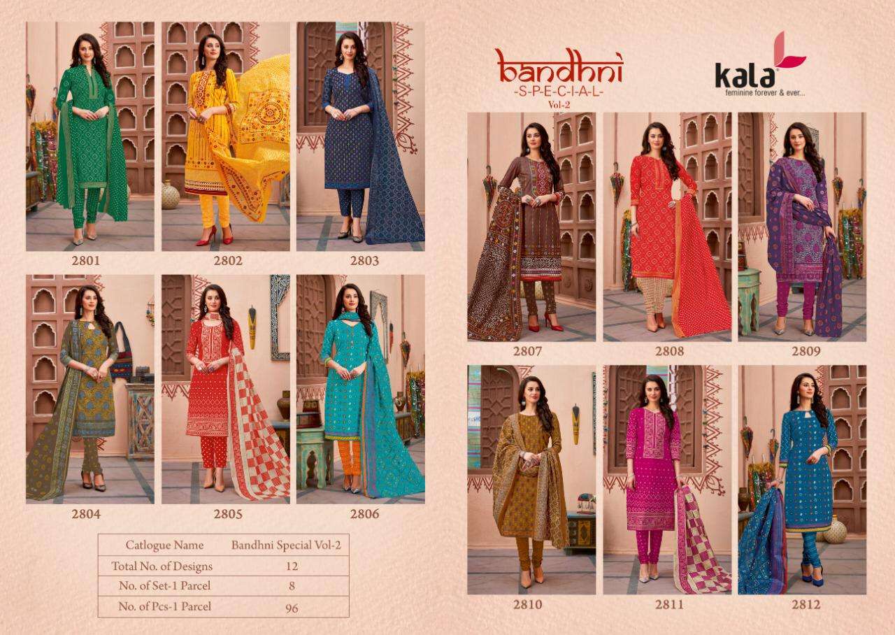 BANDHANI SPECIAL VOL-2 BY KALA 2801 TO 2812 SERIES BEAUTIFUL STYLISH SUITS FANCY COLORFUL CASUAL WEAR & ETHNIC WEAR & READY TO WEAR PURE COTTON DRESSES AT WHOLESALE PRICE