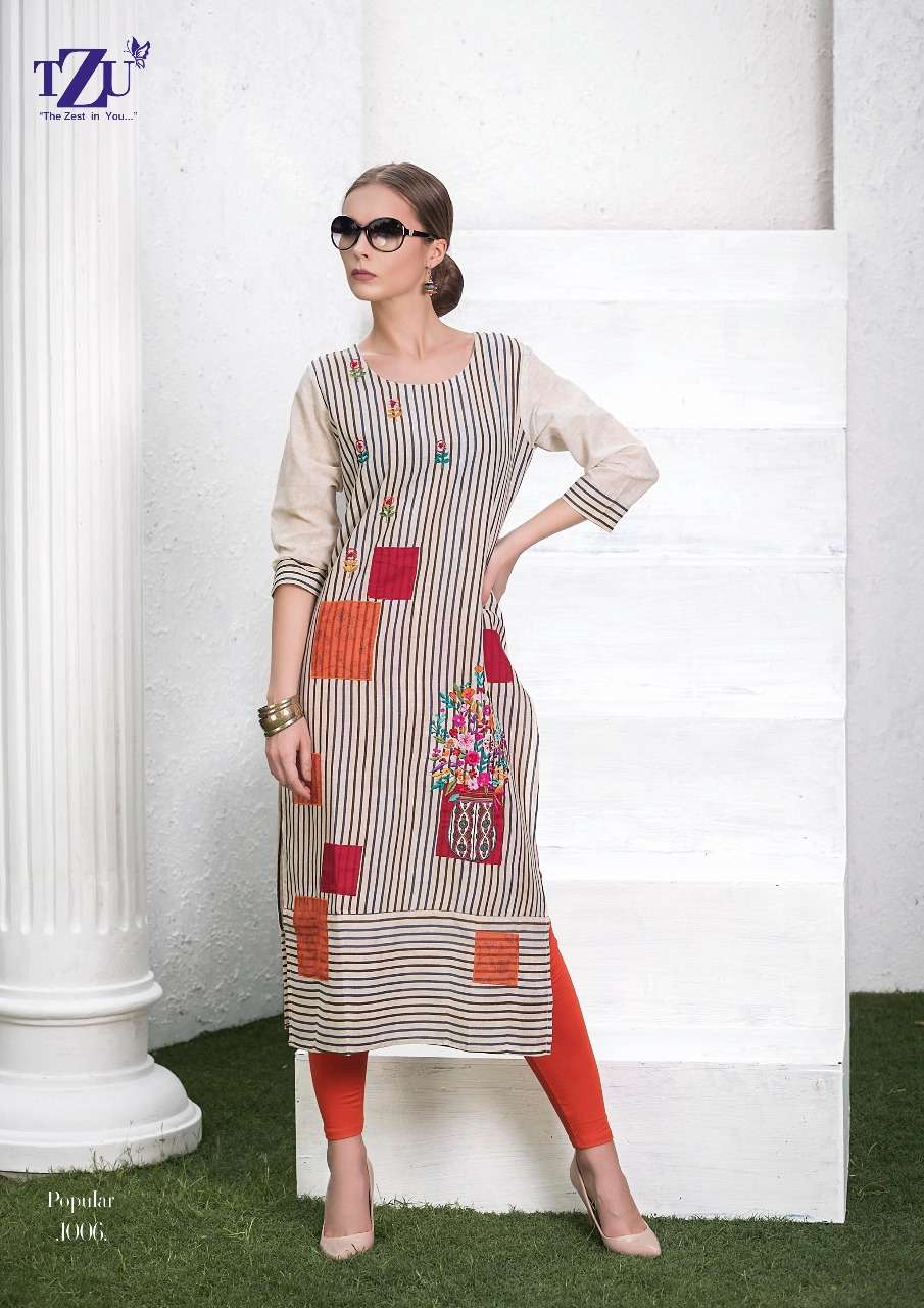 POPULAR BY TZU 1001 TO 1006 SERIES DESIGNER STYLISH FANCY COLORFUL BEAUTIFUL PARTY WEAR & ETHNIC WEAR COLLECTION COTTON EMBROIDERY KURTIS AT WHOLESALE PRICE