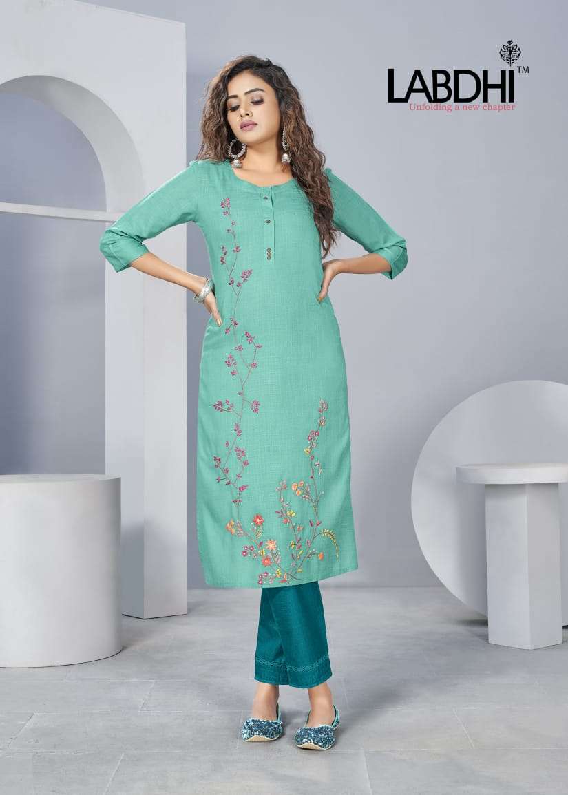 SAYRA BY LABDHI 1001 TO 1006 SERIES DESIGNER STYLISH FANCY COLORFUL BEAUTIFUL PARTY WEAR & ETHNIC WEAR COLLECTION RAYON SLUB EMBROIDERY KURTIS WITH BOTTOM AT WHOLESALE PRICE