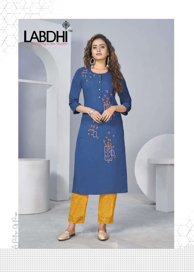 SAYRA BY LABDHI 1001 TO 1006 SERIES DESIGNER STYLISH FANCY COLORFUL BEAUTIFUL PARTY WEAR & ETHNIC WEAR COLLECTION RAYON SLUB EMBROIDERY KURTIS WITH BOTTOM AT WHOLESALE PRICE