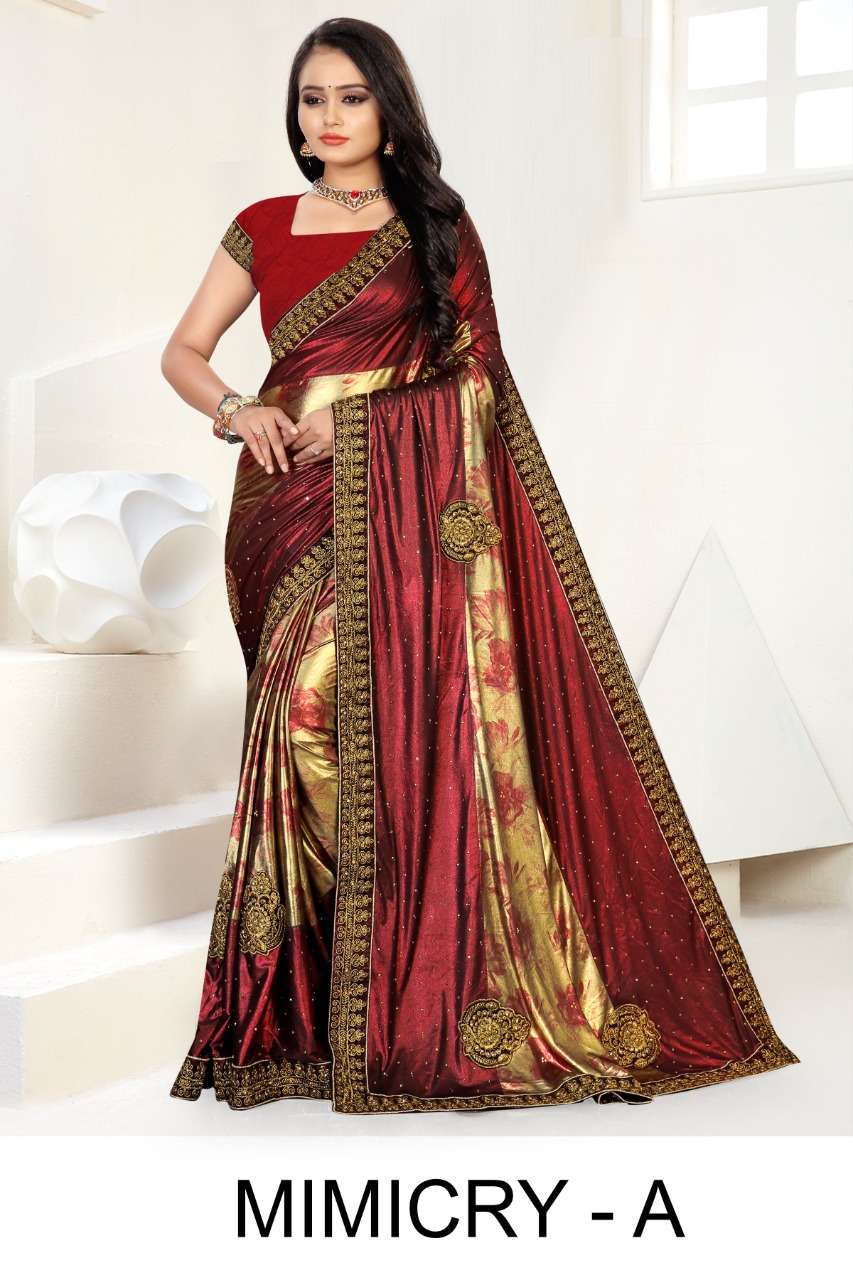 MIMICRY BY RANJNA A TO D SERIES INDIAN TRADITIONAL WEAR COLLECTION BEAUTIFUL STYLISH FANCY COLORFUL PARTY WEAR & OCCASIONAL WEAR LYCRA EMBROIDERED SAREES AT WHOLESALE PRICE