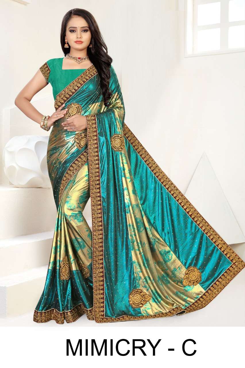MIMICRY BY RANJNA A TO D SERIES INDIAN TRADITIONAL WEAR COLLECTION BEAUTIFUL STYLISH FANCY COLORFUL PARTY WEAR & OCCASIONAL WEAR LYCRA EMBROIDERED SAREES AT WHOLESALE PRICE