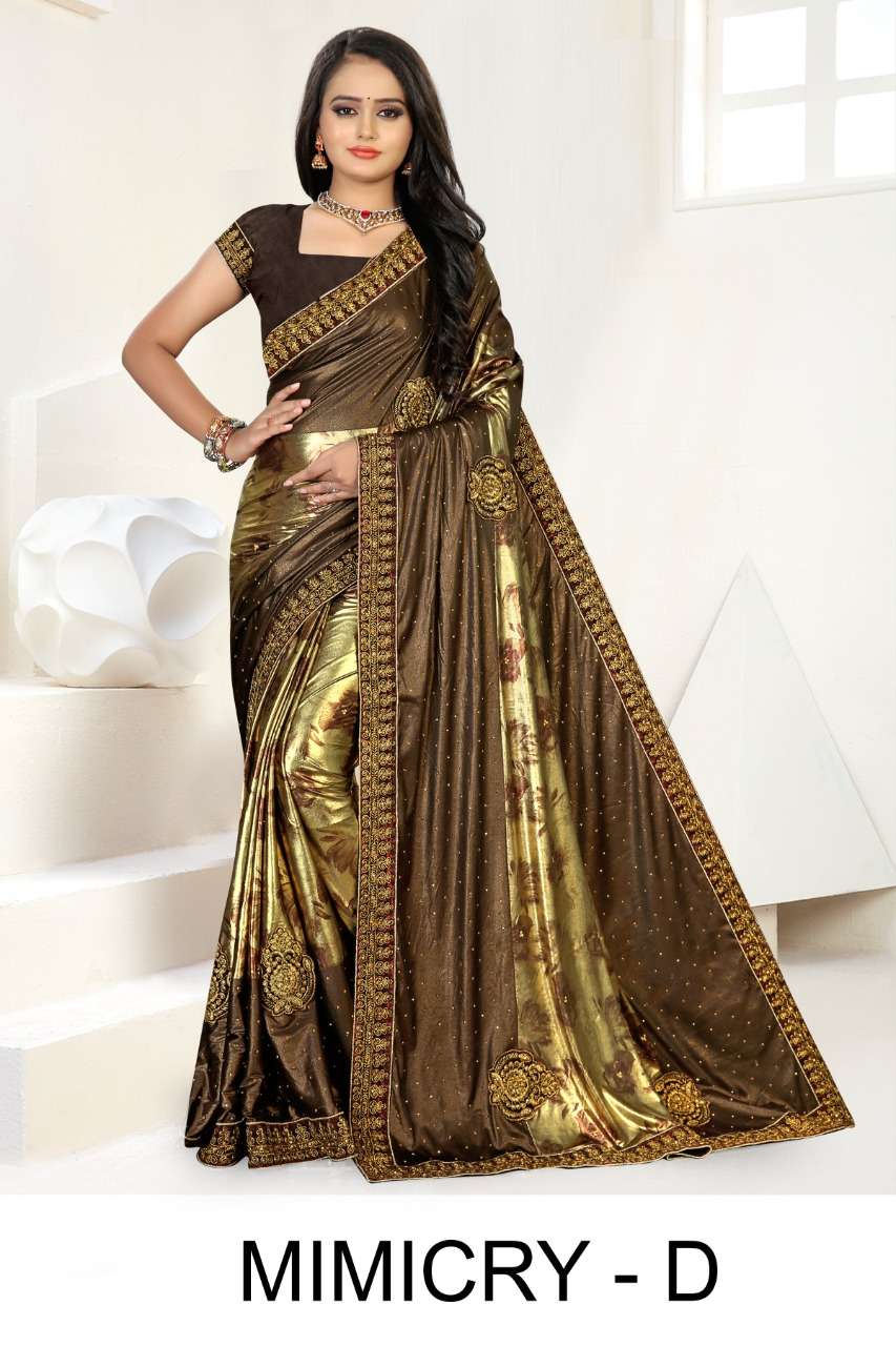 MIMICRY BY RANJNA A TO D SERIES INDIAN TRADITIONAL WEAR COLLECTION BEAUTIFUL STYLISH FANCY COLORFUL PARTY WEAR & OCCASIONAL WEAR LYCRA EMBROIDERED SAREES AT WHOLESALE PRICE