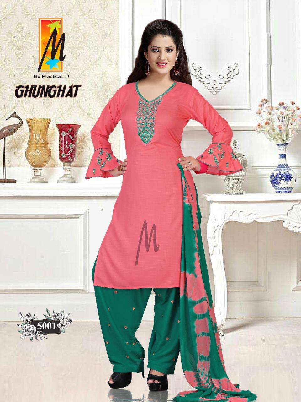 GHUNGHAT BY M BE PRACTICAL 5001 TO 5008 SERIES BEAUTIFUL STYLISH PATIYALA SUITS FANCY COLORFUL CASUAL WEAR & ETHNIC WEAR & READY TO WEAR RAYON WITH WORK DRESSES AT WHOLESALE PRICE